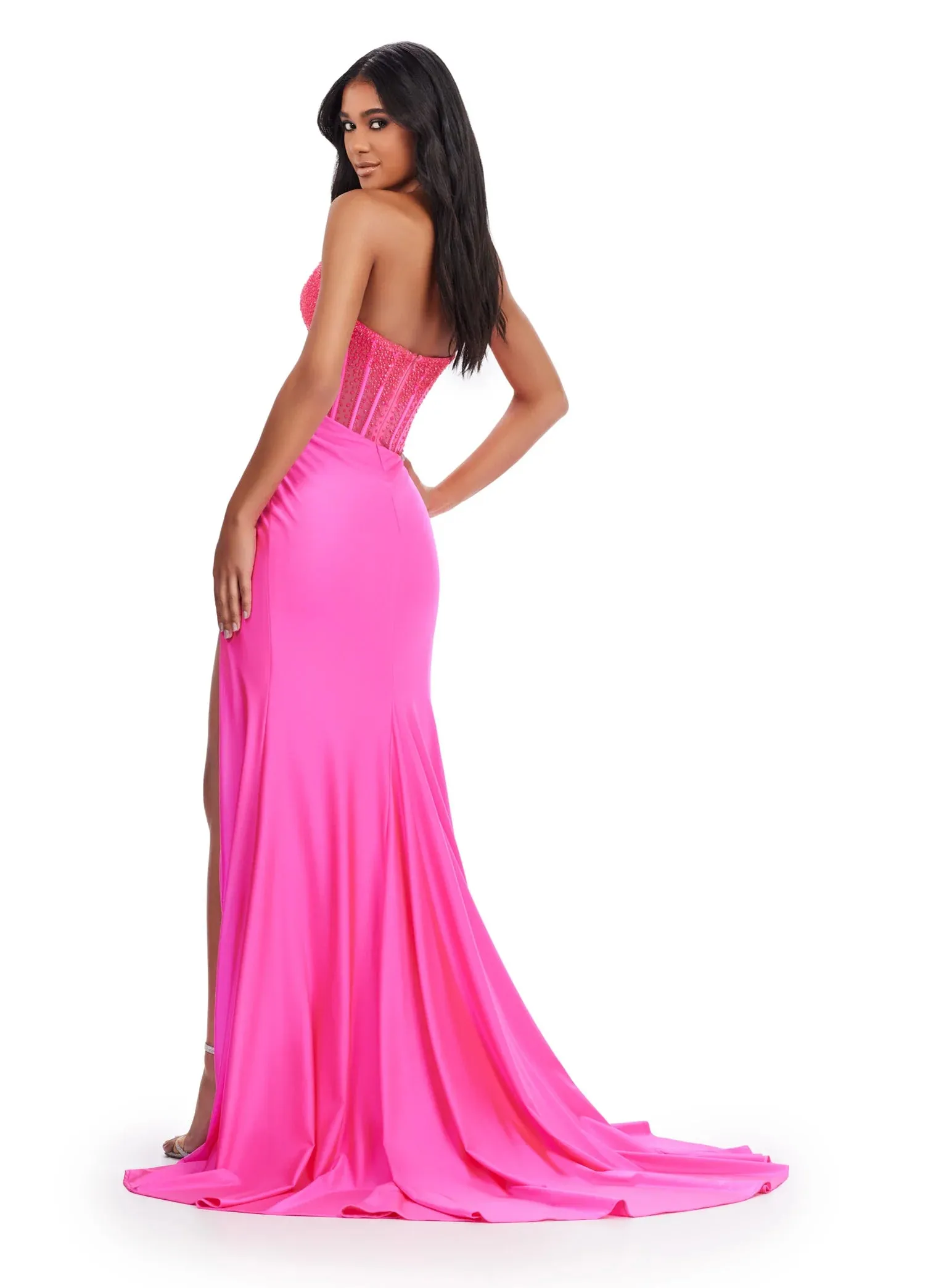 Ashley Lauren 11690 Size 6 Black Sheer Crystal Corset Prom Dress Fitted Jersey Slit Formal Gown
