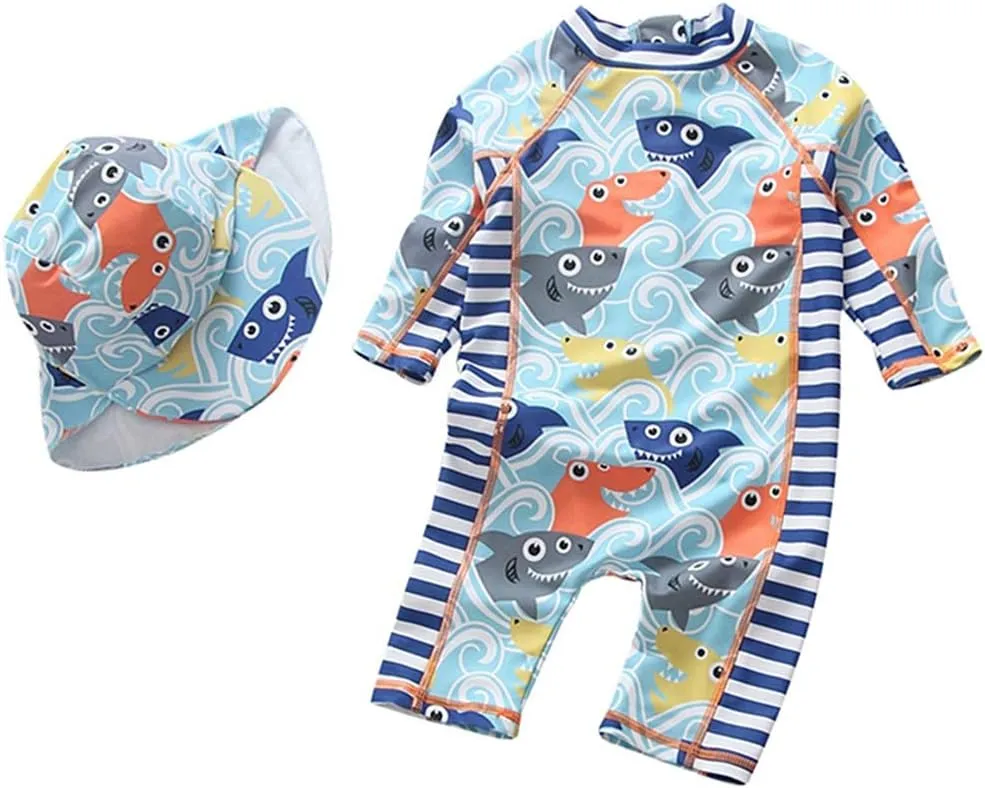 Baby Boys Kids Swimsuit One Piece Toddlers Zipper Bathing Suit Swimwear with Hat