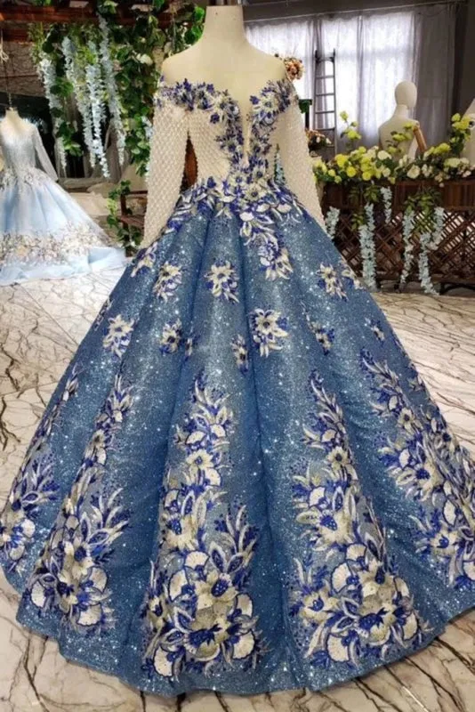 Ball Gown Prom Dresses Sheer Neck Long Sleeves Lace Up Back Sequins Appliques