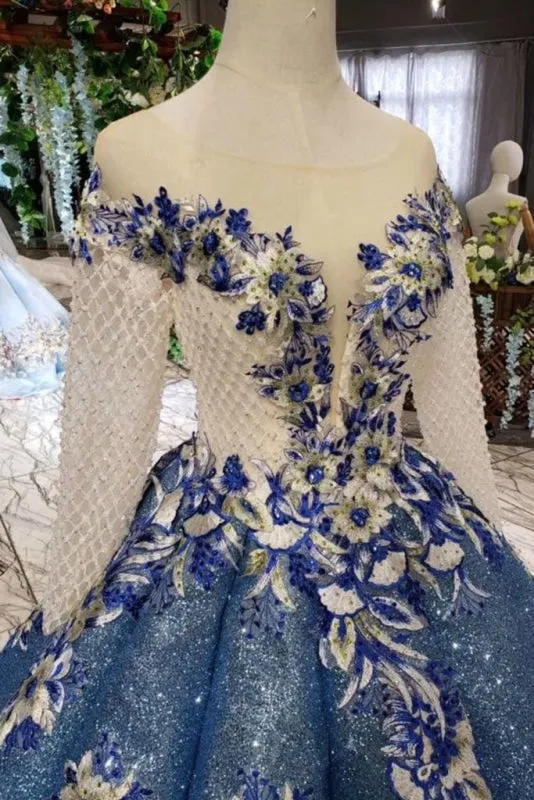 Ball Gown Prom Dresses Sheer Neck Long Sleeves Lace Up Back Sequins Appliques