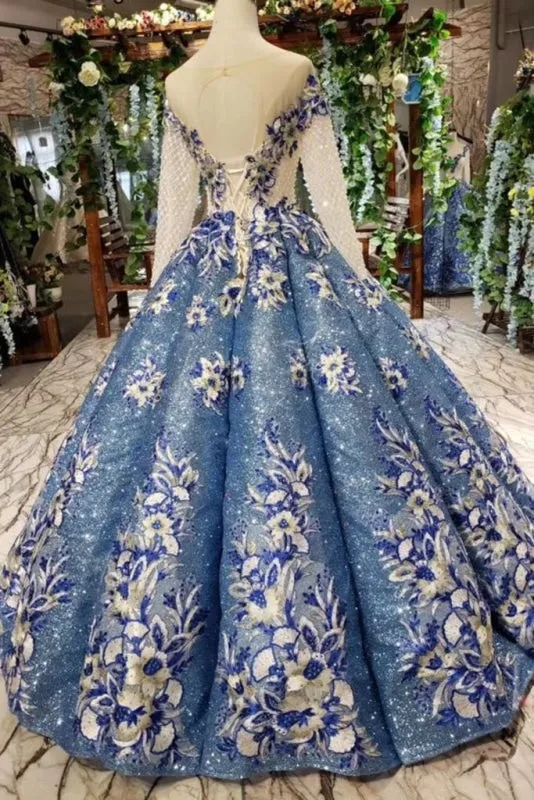 Ball Gown Prom Dresses Sheer Neck Long Sleeves Lace Up Back Sequins Appliques