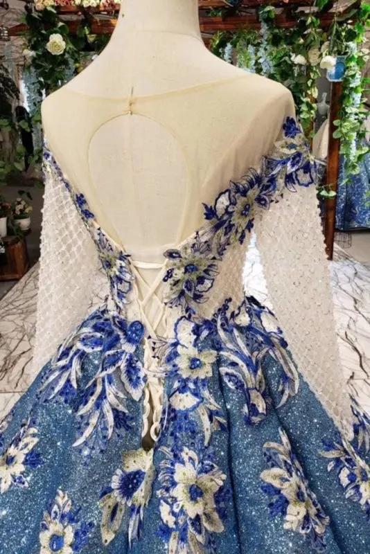 Ball Gown Prom Dresses Sheer Neck Long Sleeves Lace Up Back Sequins Appliques