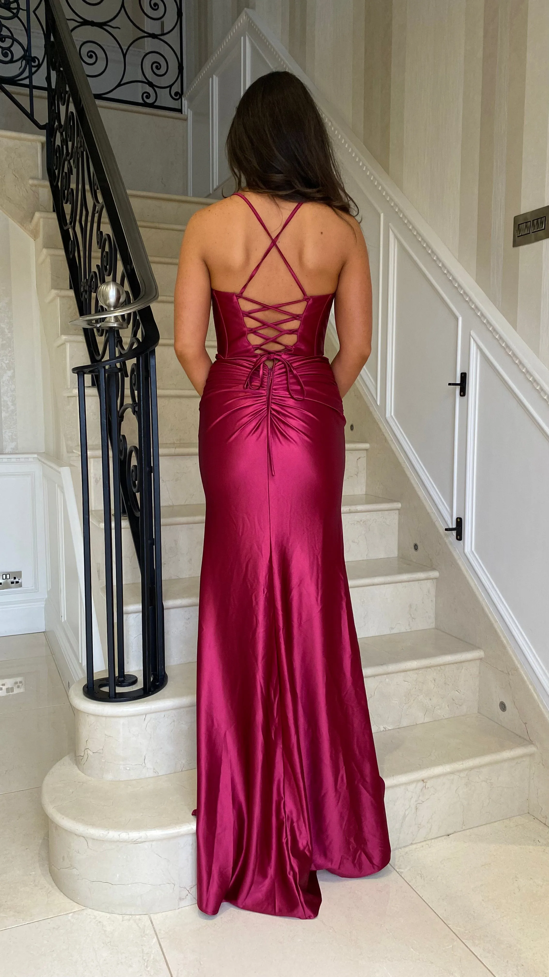 Berry Ruched Satin Corset Full Length Gown