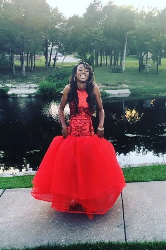 Best Red Mermaid Sleeveless Prom Sequin Long Formal Dress With Sparkles