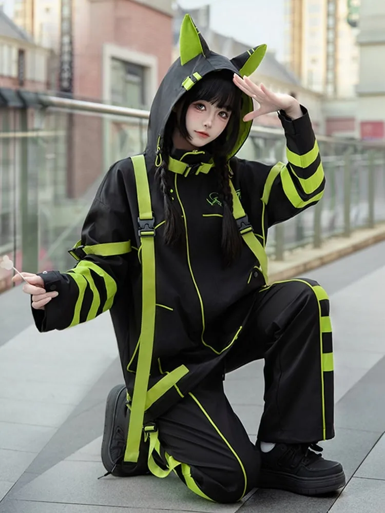 Black and Green Jirai Kei Techwear Landmine Style Pants