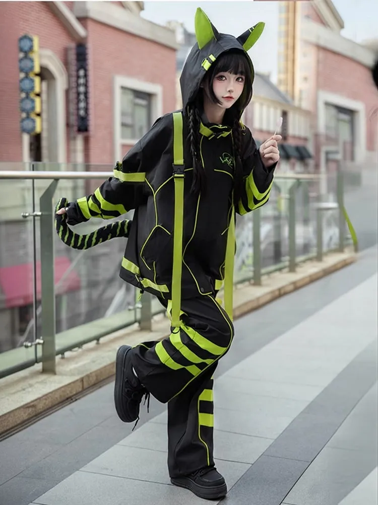 Black and Green Jirai Kei Techwear Landmine Style Pants