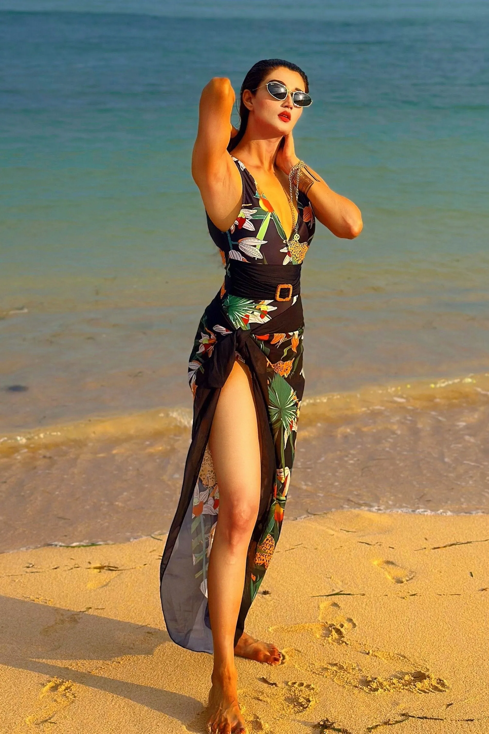 Black Tropical Monokini with a Sarong