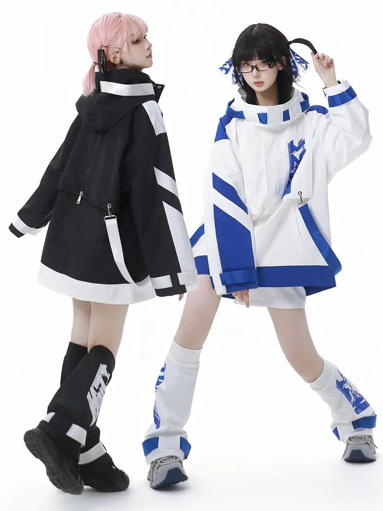 Blue and White Jirai Kei  Techwear Straps Design Hooded Windbreaker Jacket