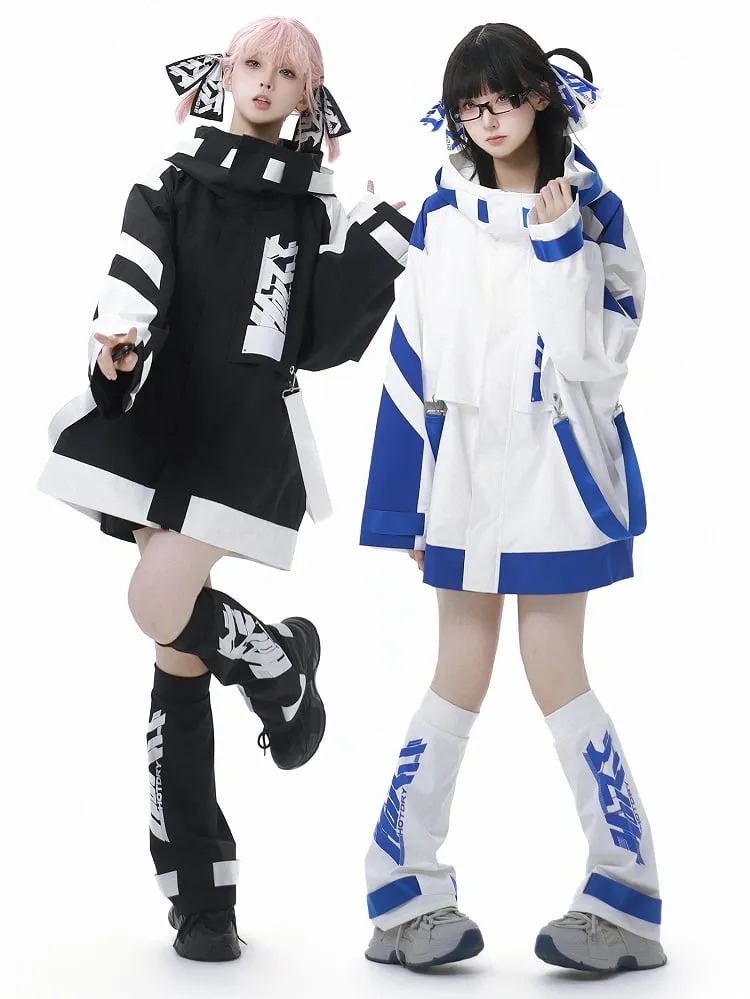 Blue and White Jirai Kei  Techwear Straps Design Hooded Windbreaker Jacket