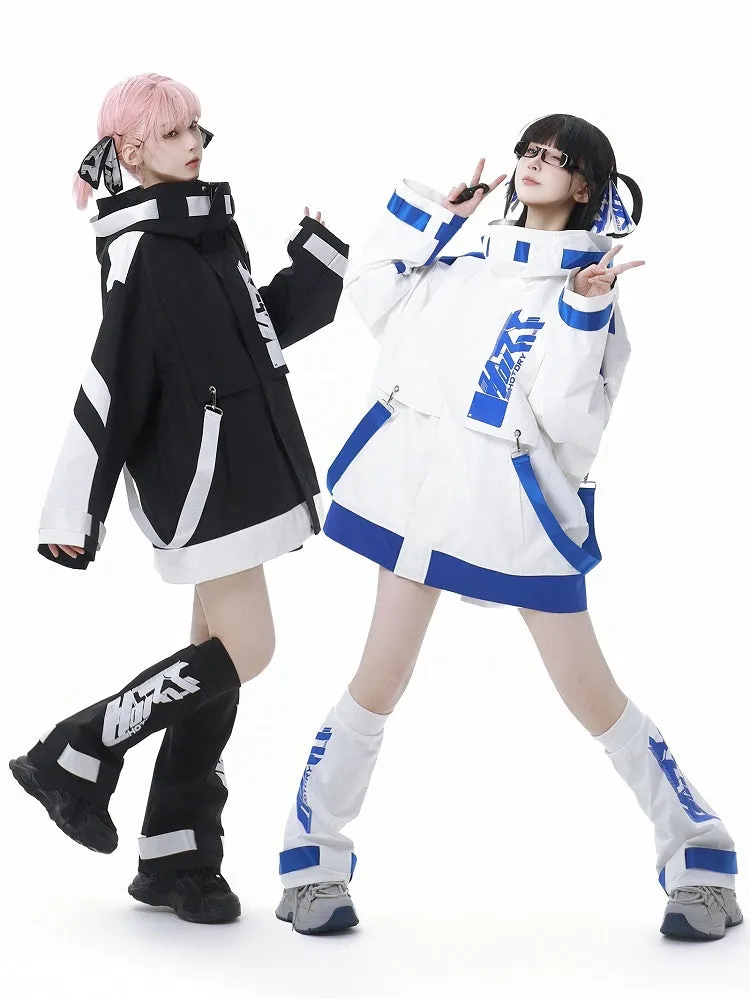 Blue and White Jirai Kei  Techwear Straps Design Hooded Windbreaker Jacket