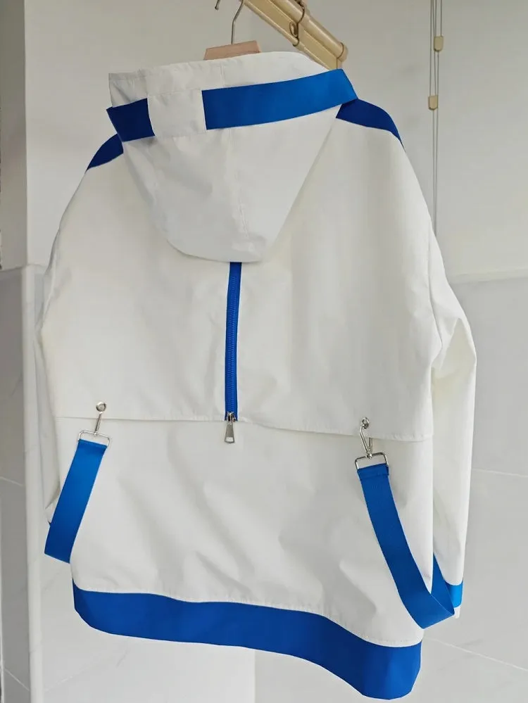 Blue and White Jirai Kei  Techwear Straps Design Hooded Windbreaker Jacket