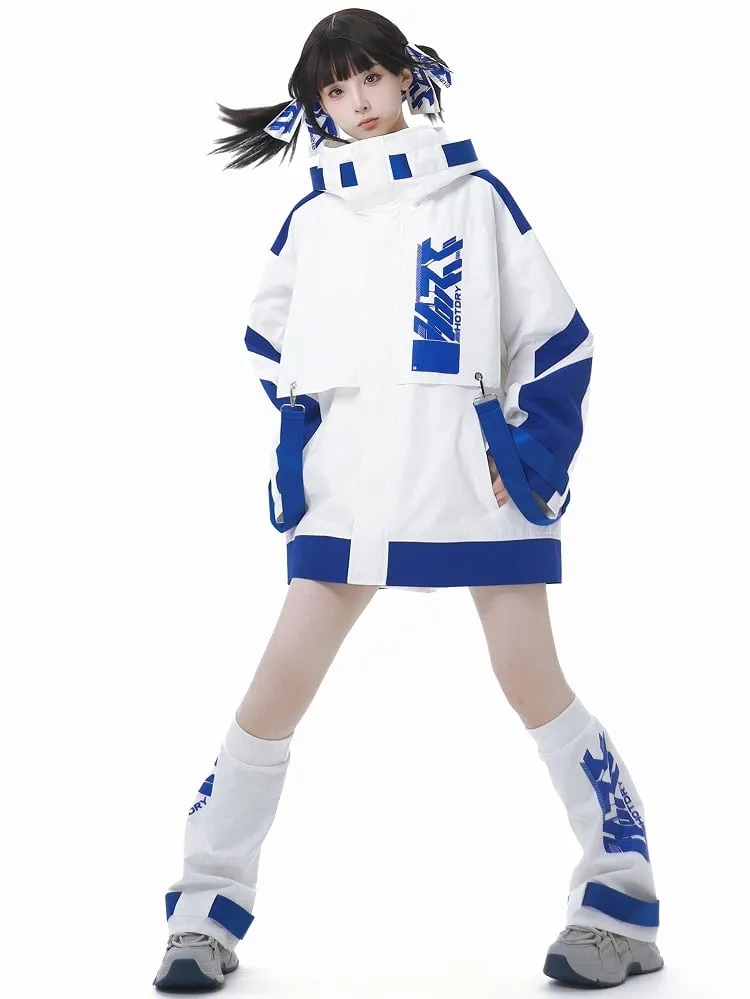 Blue and White Jirai Kei  Techwear Straps Design Hooded Windbreaker Jacket