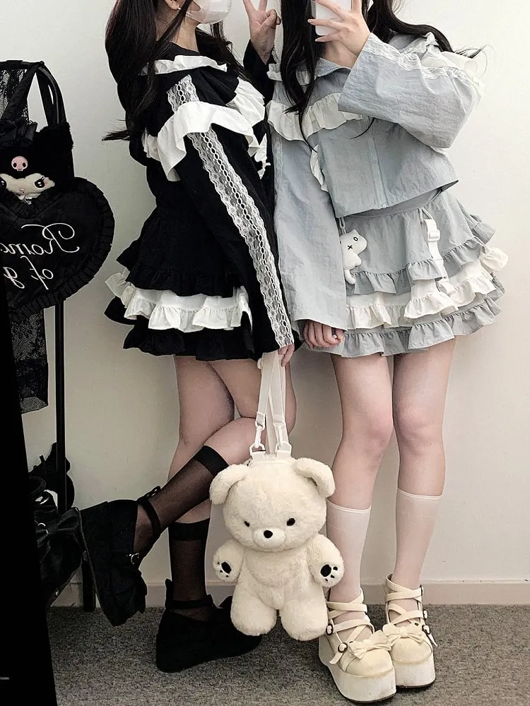 Blue Jirai Kei Techwear Cute Kitty Adorned Tiered Ruffles Skirt
