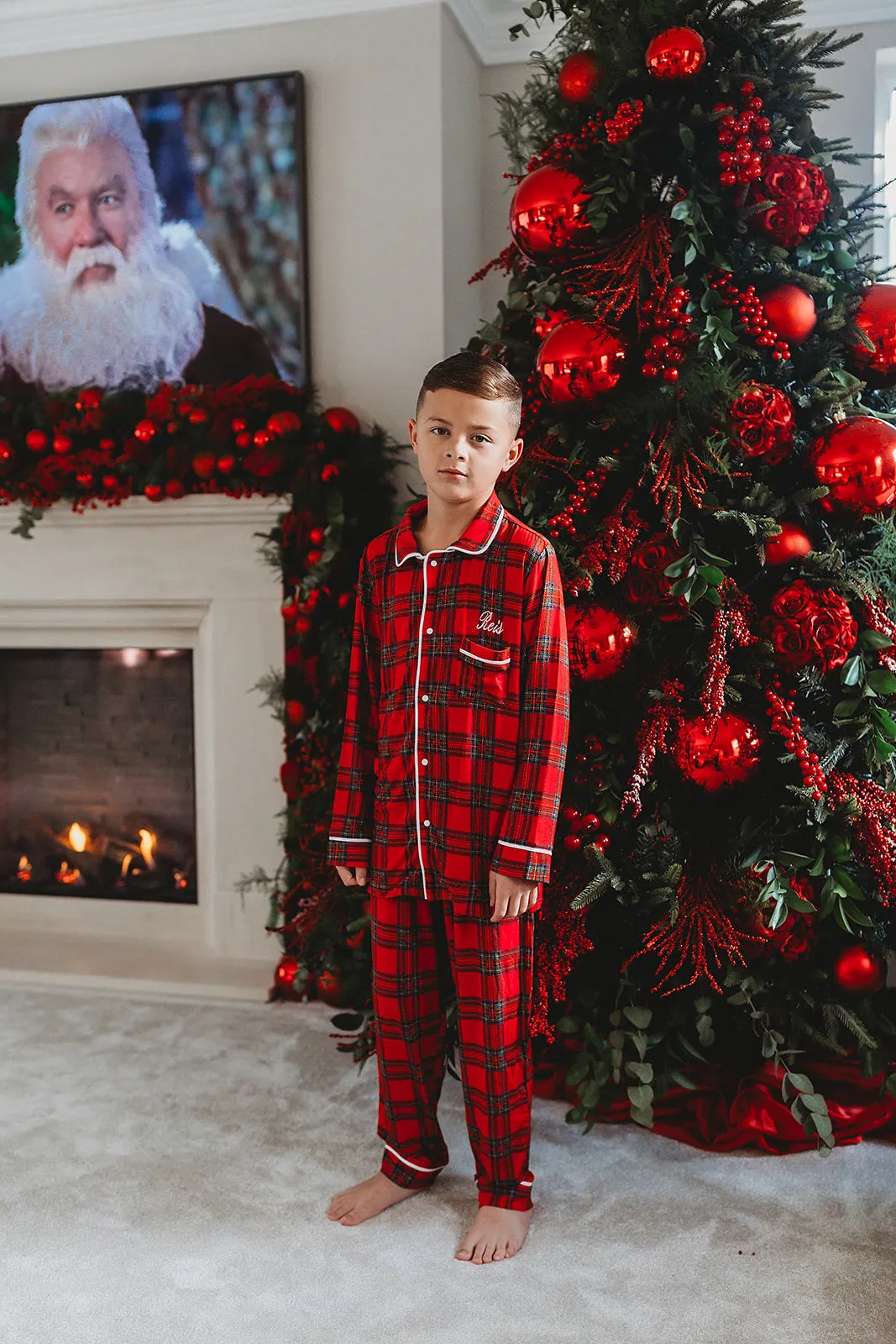 Boys Personalised Red Tartan Luxury Jersey Pants Set
