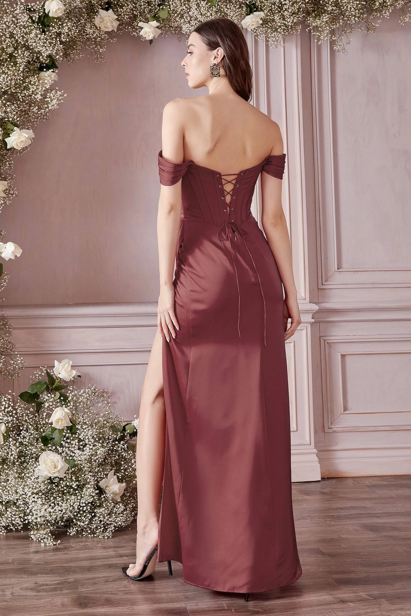 Cinderella Divine 7484C Plus Size Off Shoulder Slit Leg Corset Dress