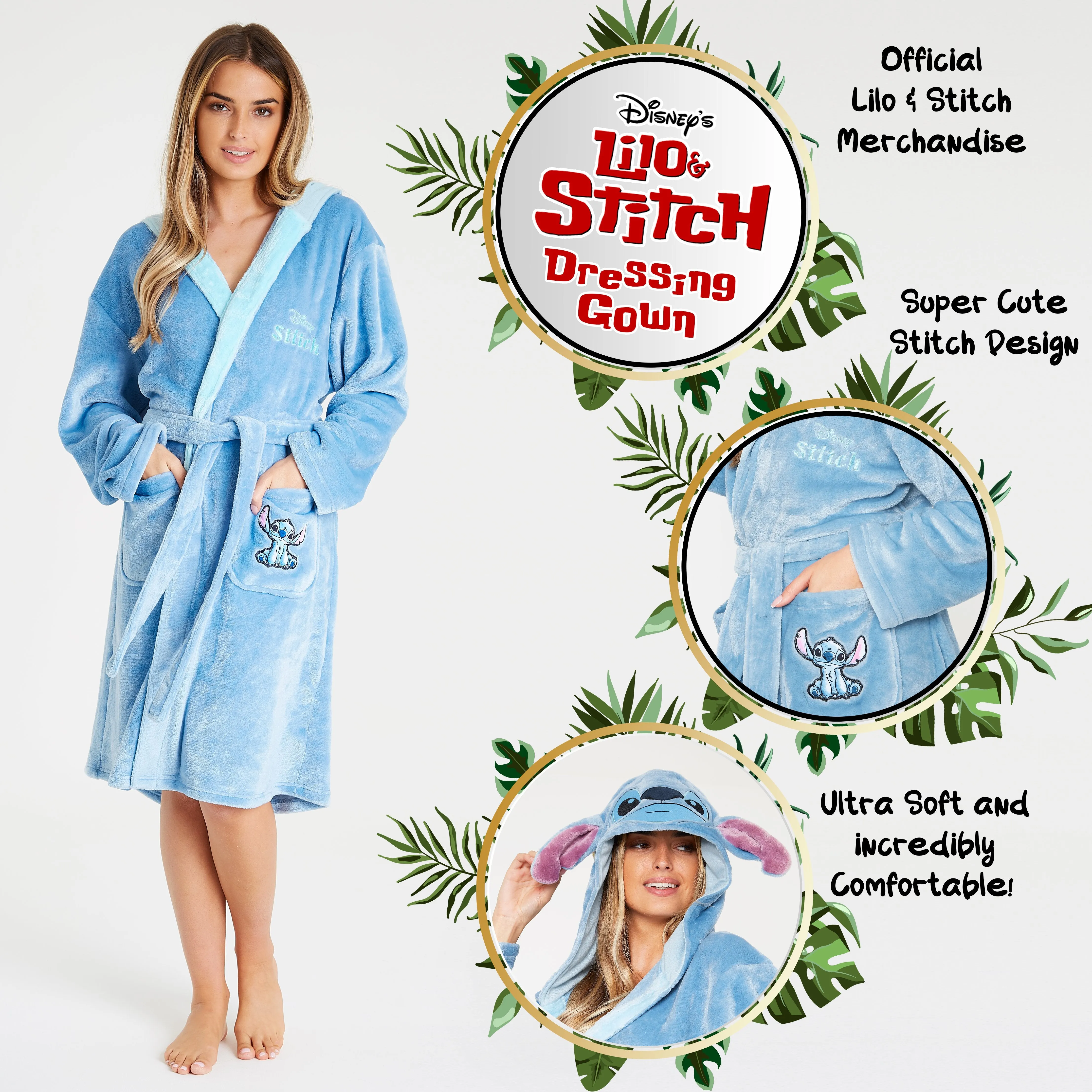 Disney Ladies Dressing Gown, Lilo and Stitch Fleece Hooded Robe, Gifts for Women
