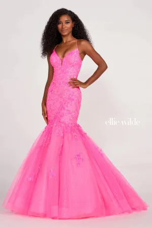 Ellie Wilde EW34011 Size 8 Hot Pink Sequin Backless Corset Mermaid Prom Dress Shimmer Formal Gown V Neck