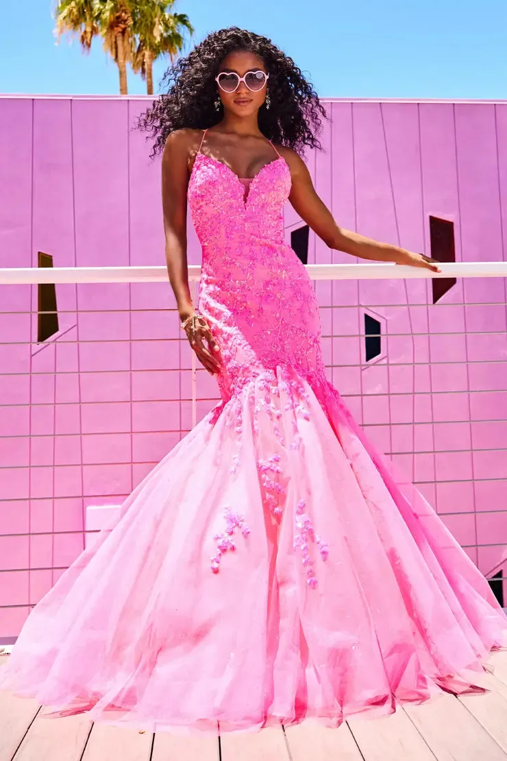Ellie Wilde EW34011 Size 8 Hot Pink Sequin Backless Corset Mermaid Prom Dress Shimmer Formal Gown V Neck