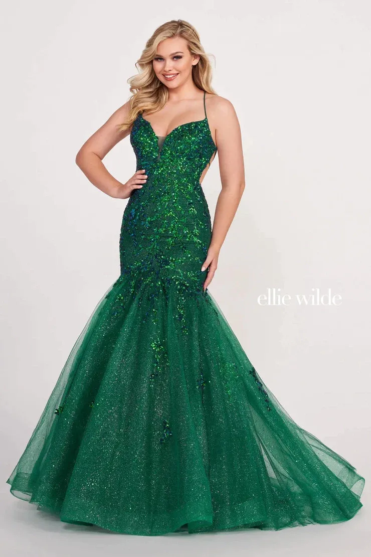 Ellie Wilde EW34011 Size 8 Hot Pink Sequin Backless Corset Mermaid Prom Dress Shimmer Formal Gown V Neck