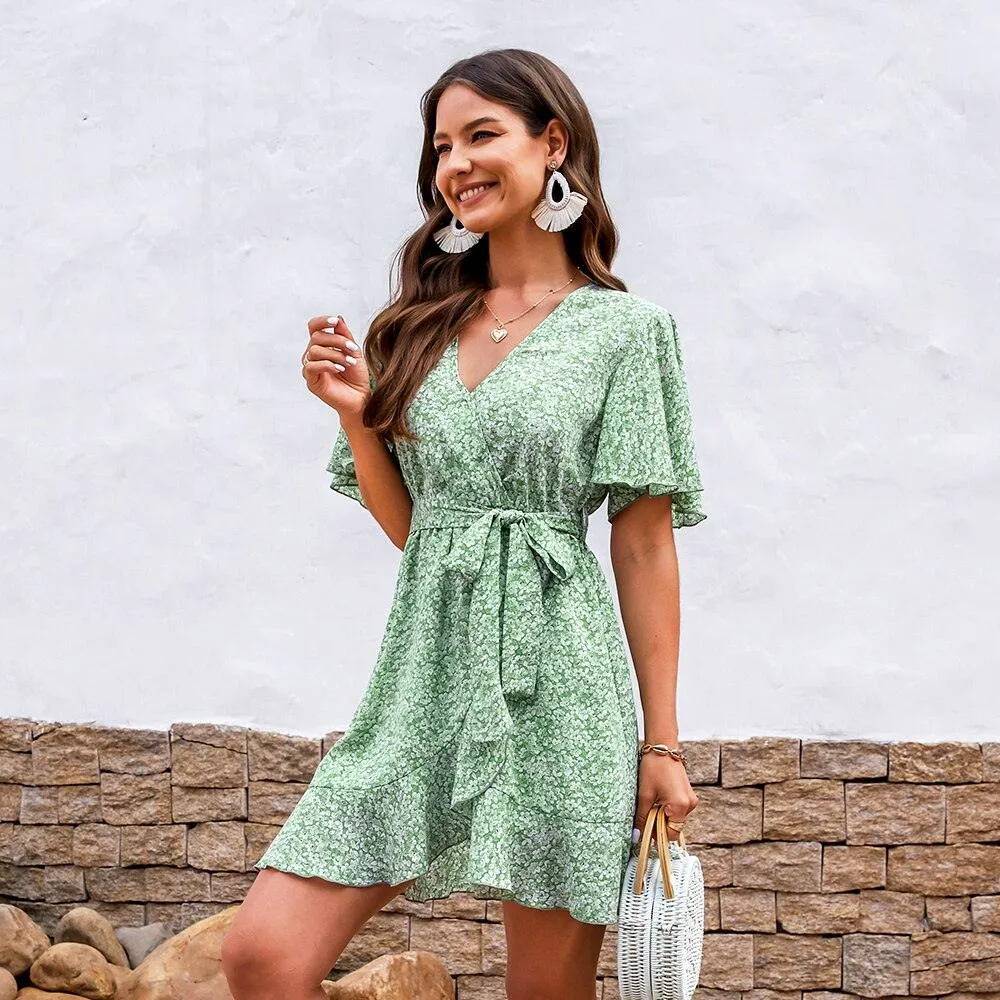 Floral V-Neck Belted Wrap-Tie Short Sleeve A-line Mini Dress