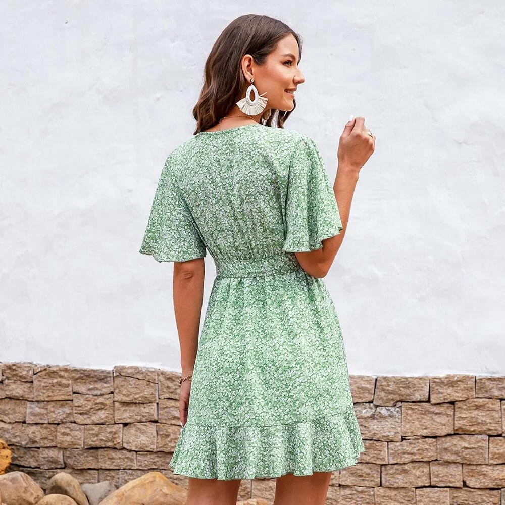 Floral V-Neck Belted Wrap-Tie Short Sleeve A-line Mini Dress