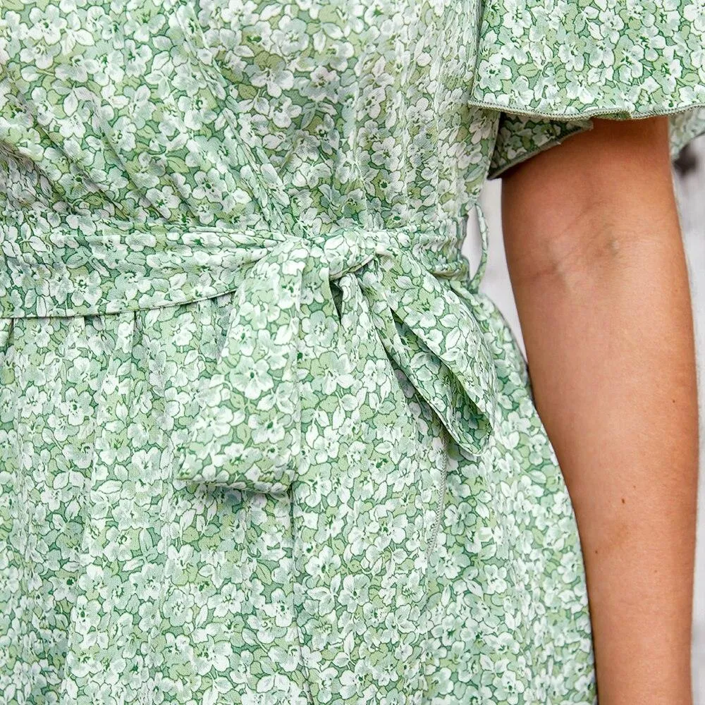 Floral V-Neck Belted Wrap-Tie Short Sleeve A-line Mini Dress