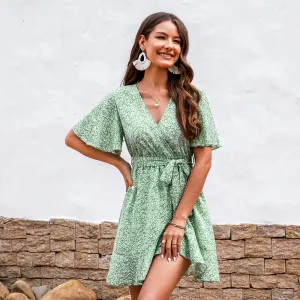 Floral V-Neck Belted Wrap-Tie Short Sleeve A-line Mini Dress