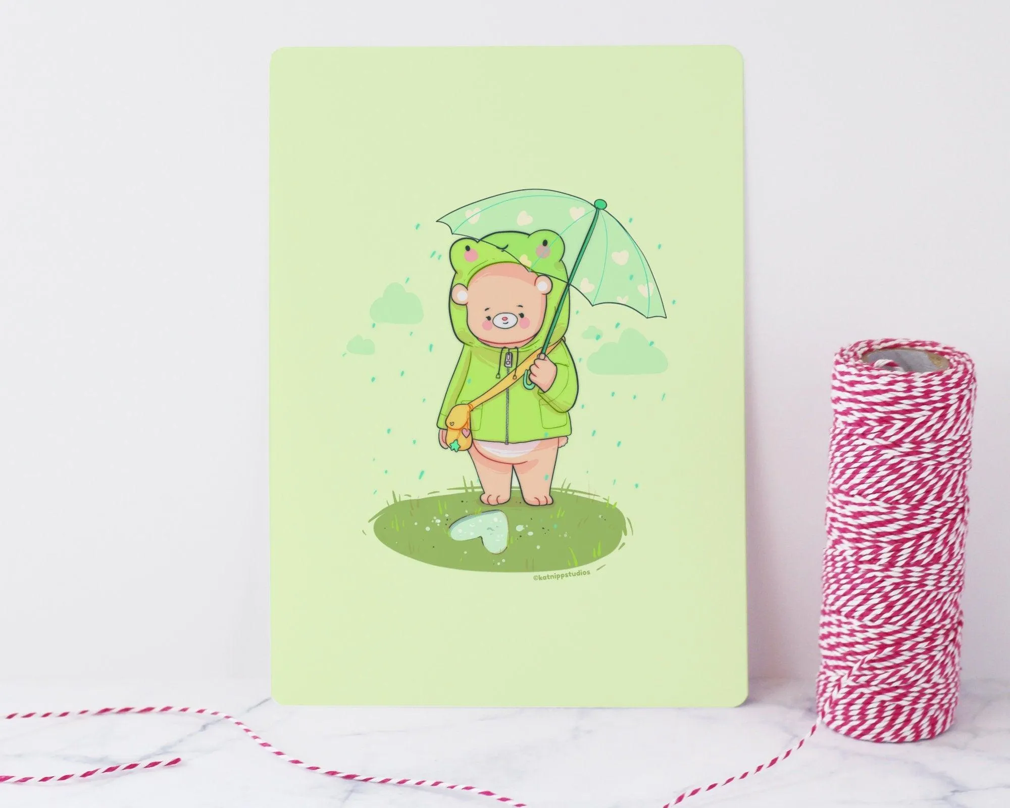 Froggo & Bear Kawaii Art Print | Cute Rainy Day Wall Decor | Pastel Nursery Artwork | Whimsical Illustration
