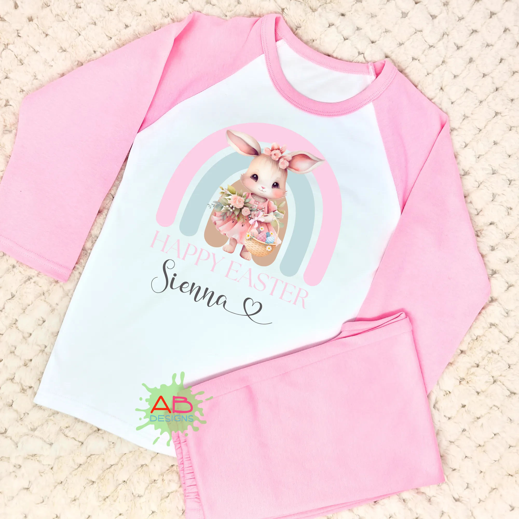 Girls Cute White Rabbit Rainbow Easter PJs,  Personalised Easter Pyjamas
