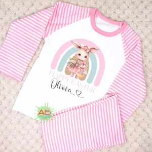 Girls Cute White Rabbit Rainbow Easter PJs,  Personalised Easter Pyjamas