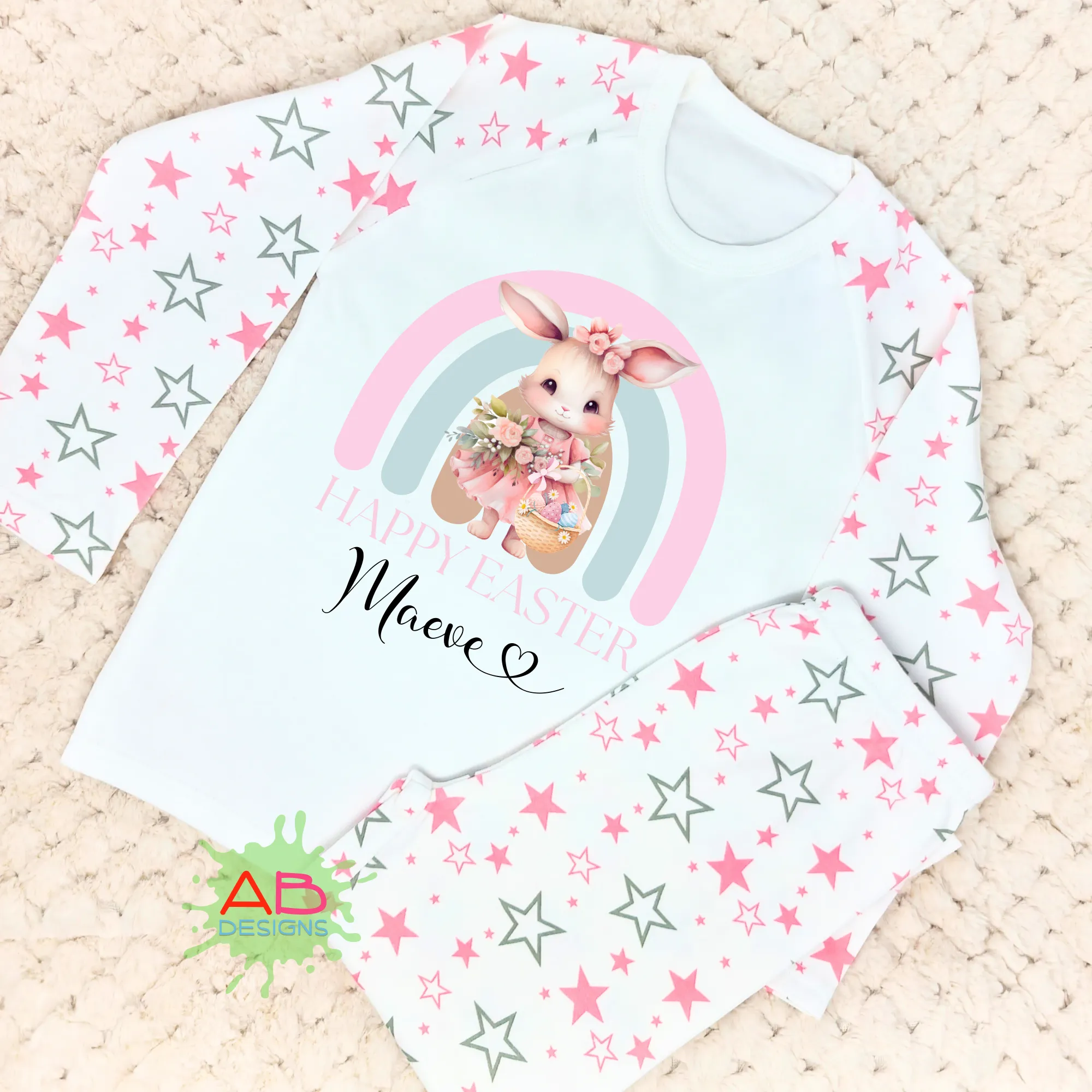 Girls Cute White Rabbit Rainbow Easter PJs,  Personalised Easter Pyjamas
