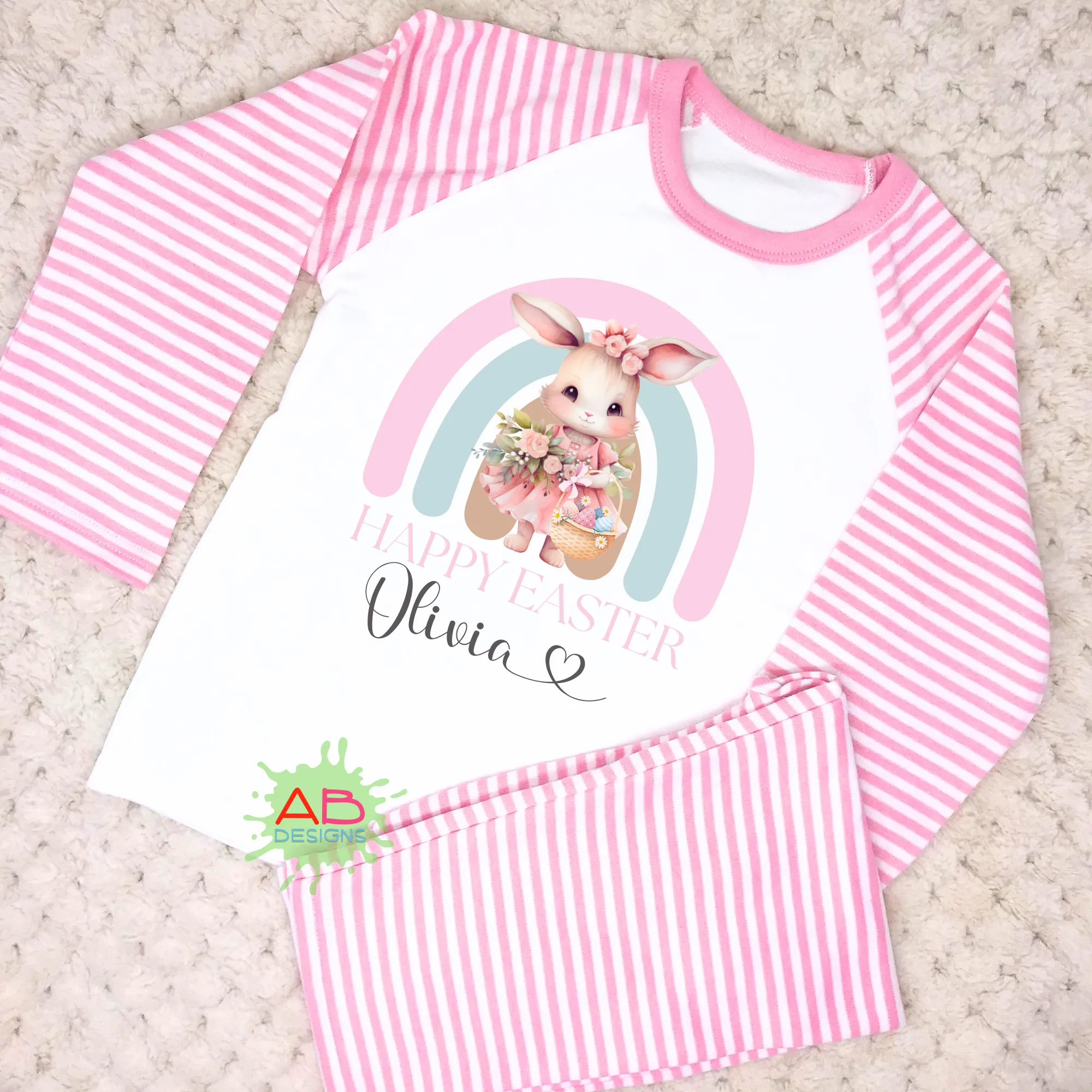 Girls Cute White Rabbit Rainbow Easter PJs,  Personalised Easter Pyjamas
