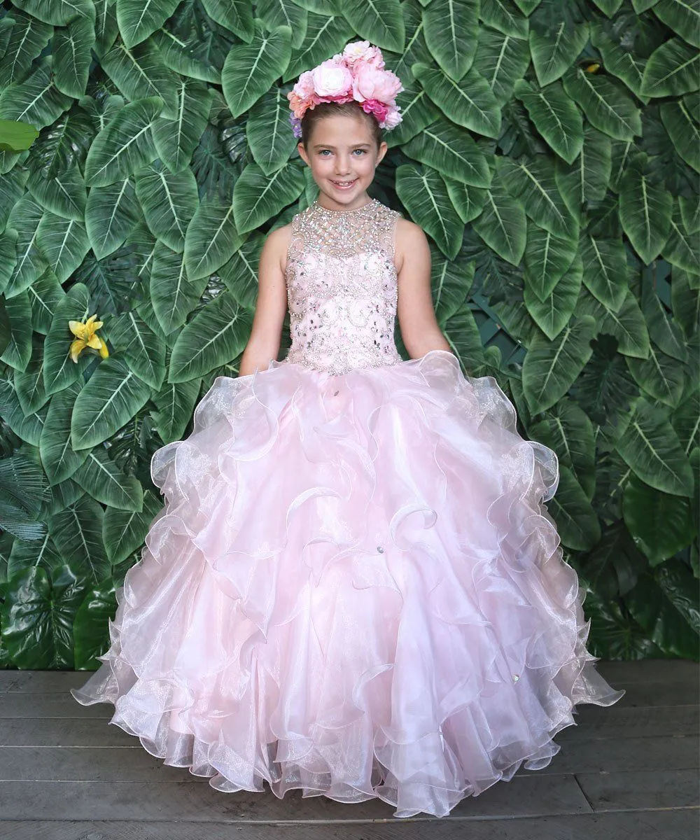 Girls Long Ruffled Dress with Beaded Bodice by Calla KY213