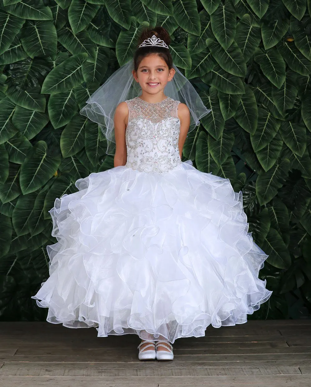 Girls Long Ruffled Dress with Beaded Bodice by Calla KY213