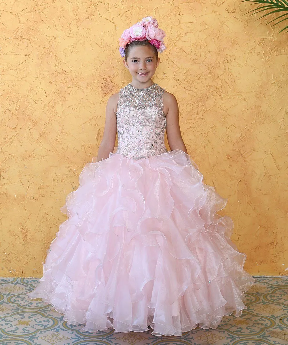 Girls Long Ruffled Dress with Beaded Bodice by Calla KY213