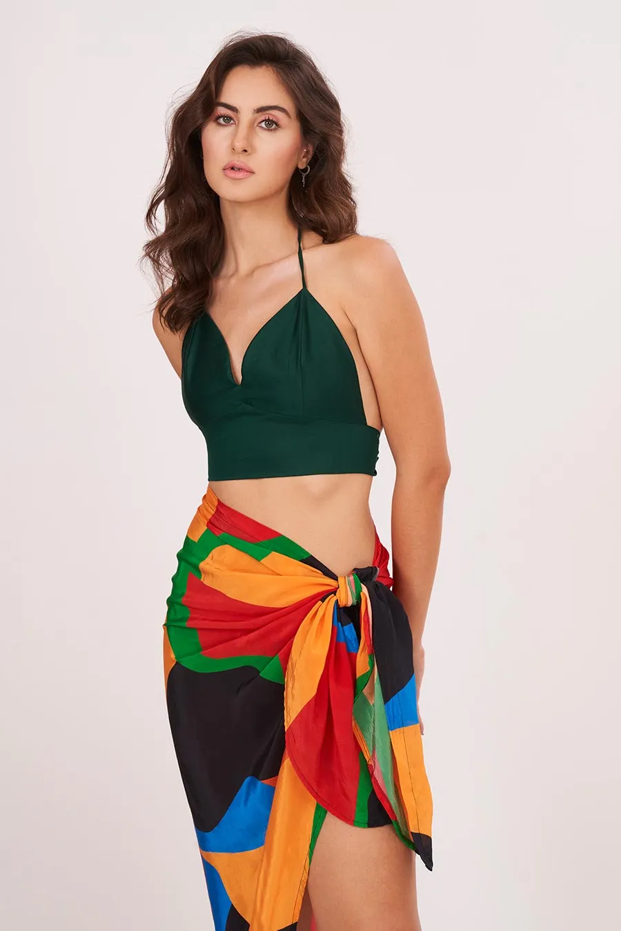 Green Halter Neck Top With Printed Skirt Set