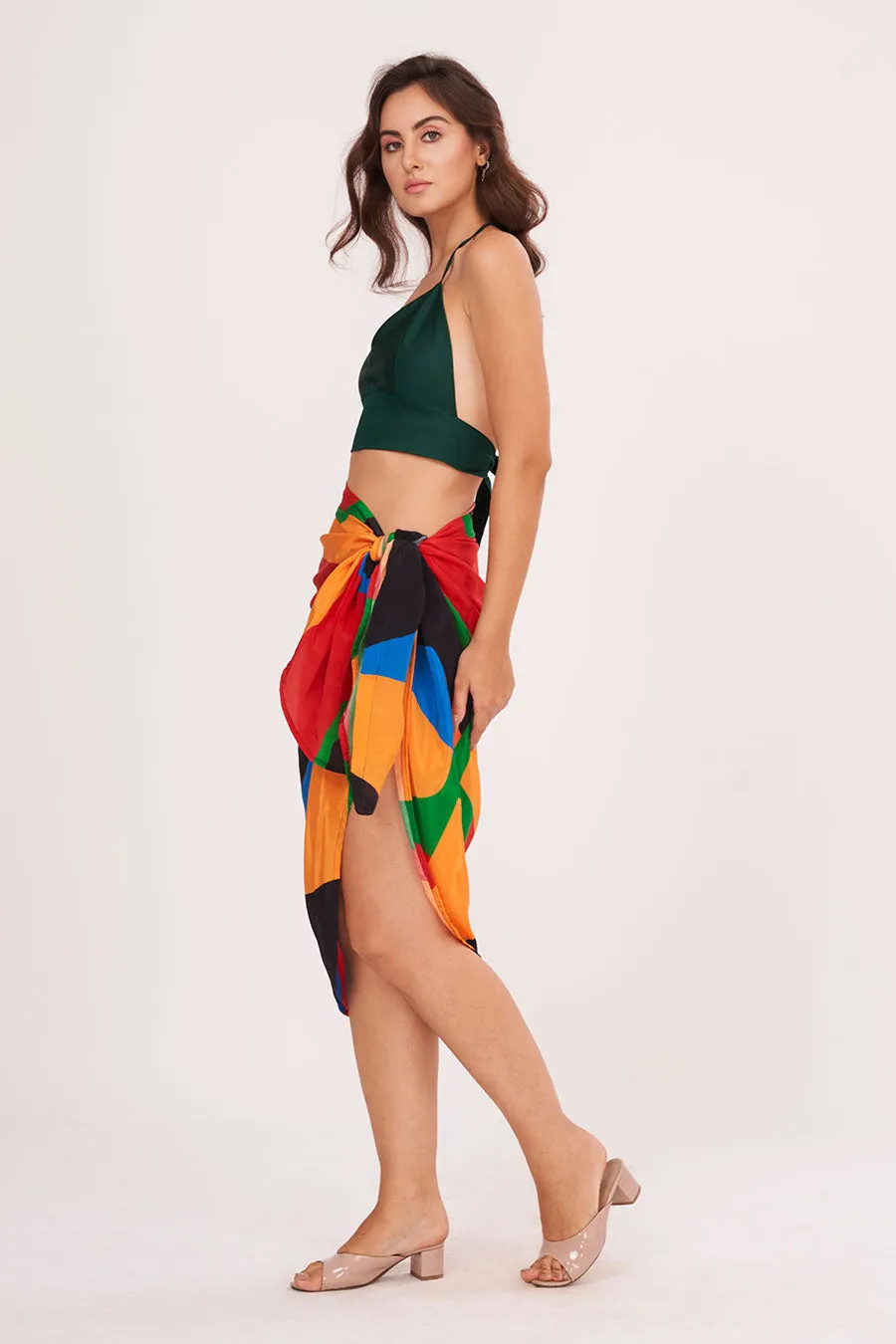Green Halter Neck Top With Printed Skirt Set