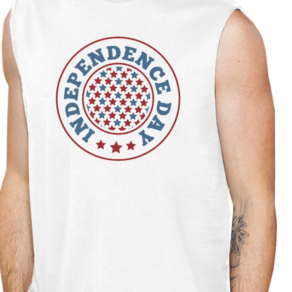 Independence Day White Crewneck Cotton Graphic Muscle Shirt For Men
