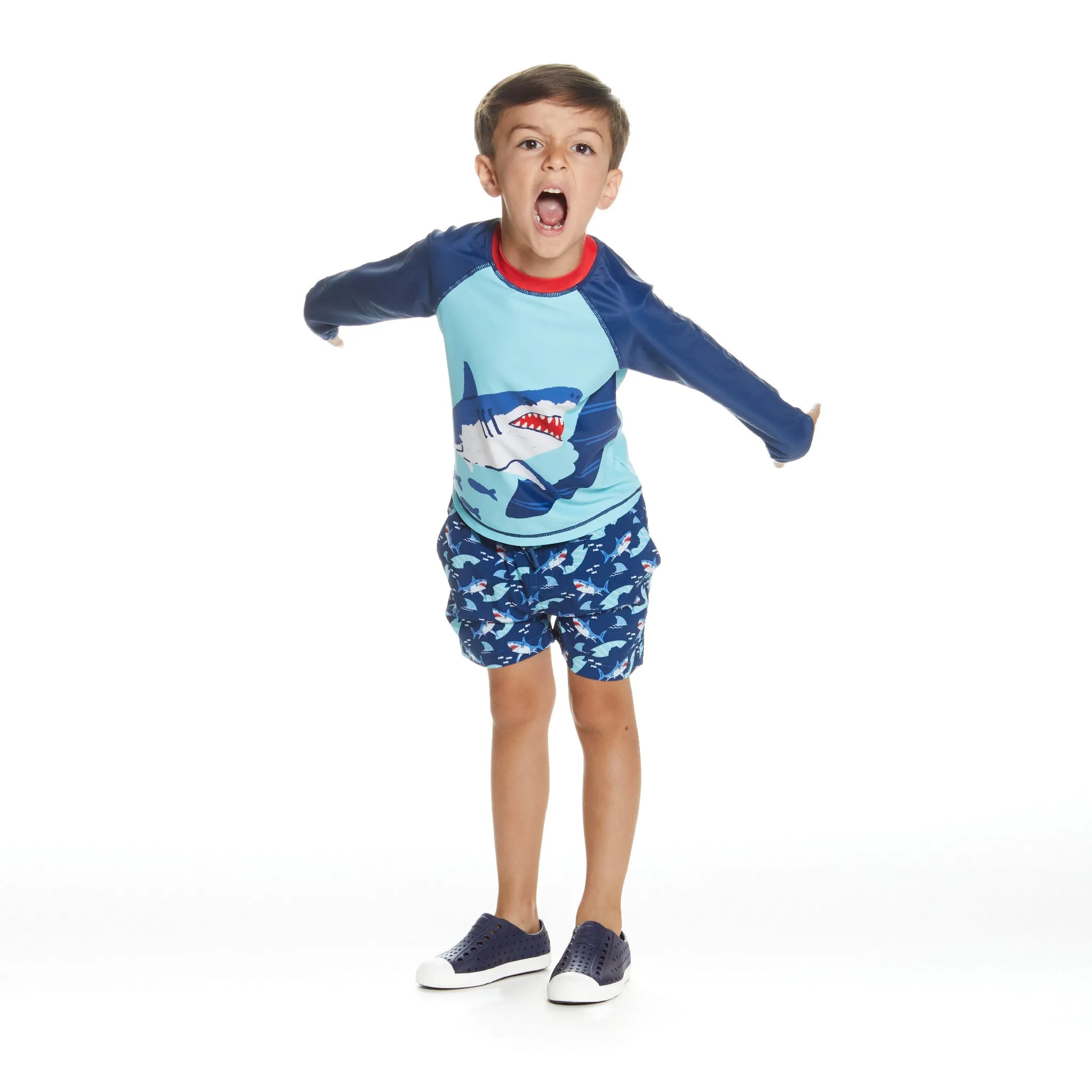 Kids Raglan Rashguard and Boardshort Set | Shark Graphic