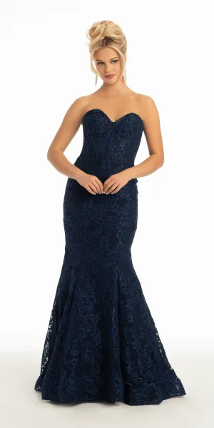 Lace Sweetheart Corset Mermaid Dress with Heat Set Stones