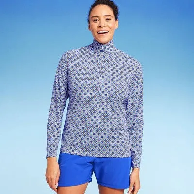 Lands' End Women's UPF 50 Geo Print Long Sleeve Quarter Zip Rash Guard - Blue S