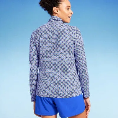 Lands' End Women's UPF 50 Geo Print Long Sleeve Quarter Zip Rash Guard - Blue S