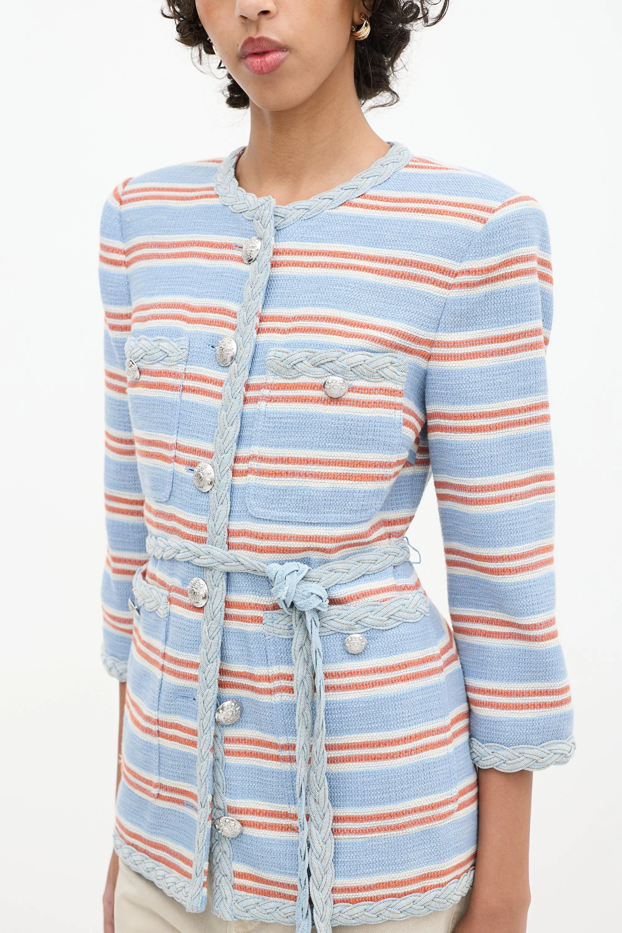 Light Blue & Multi Striped Ginevra Braided Trim Blazer