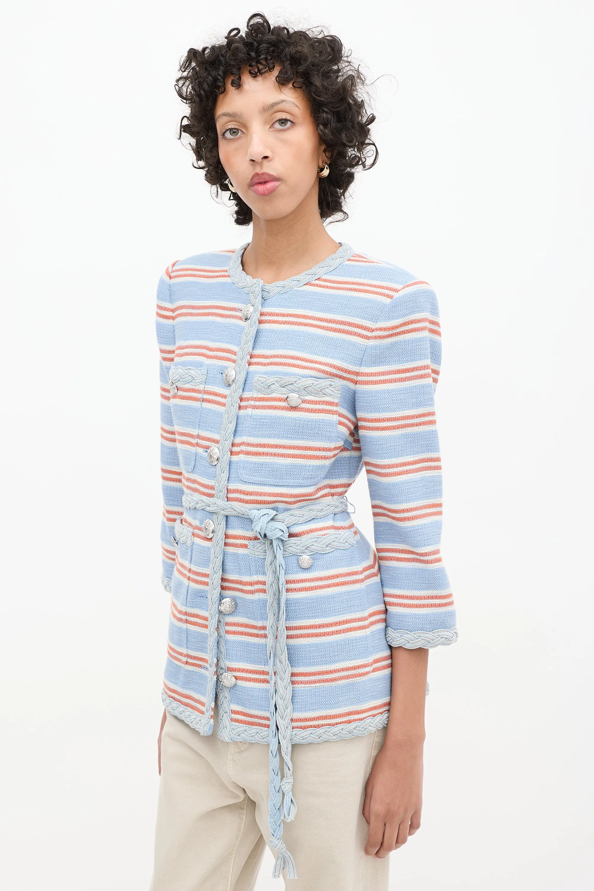Light Blue & Multi Striped Ginevra Braided Trim Blazer