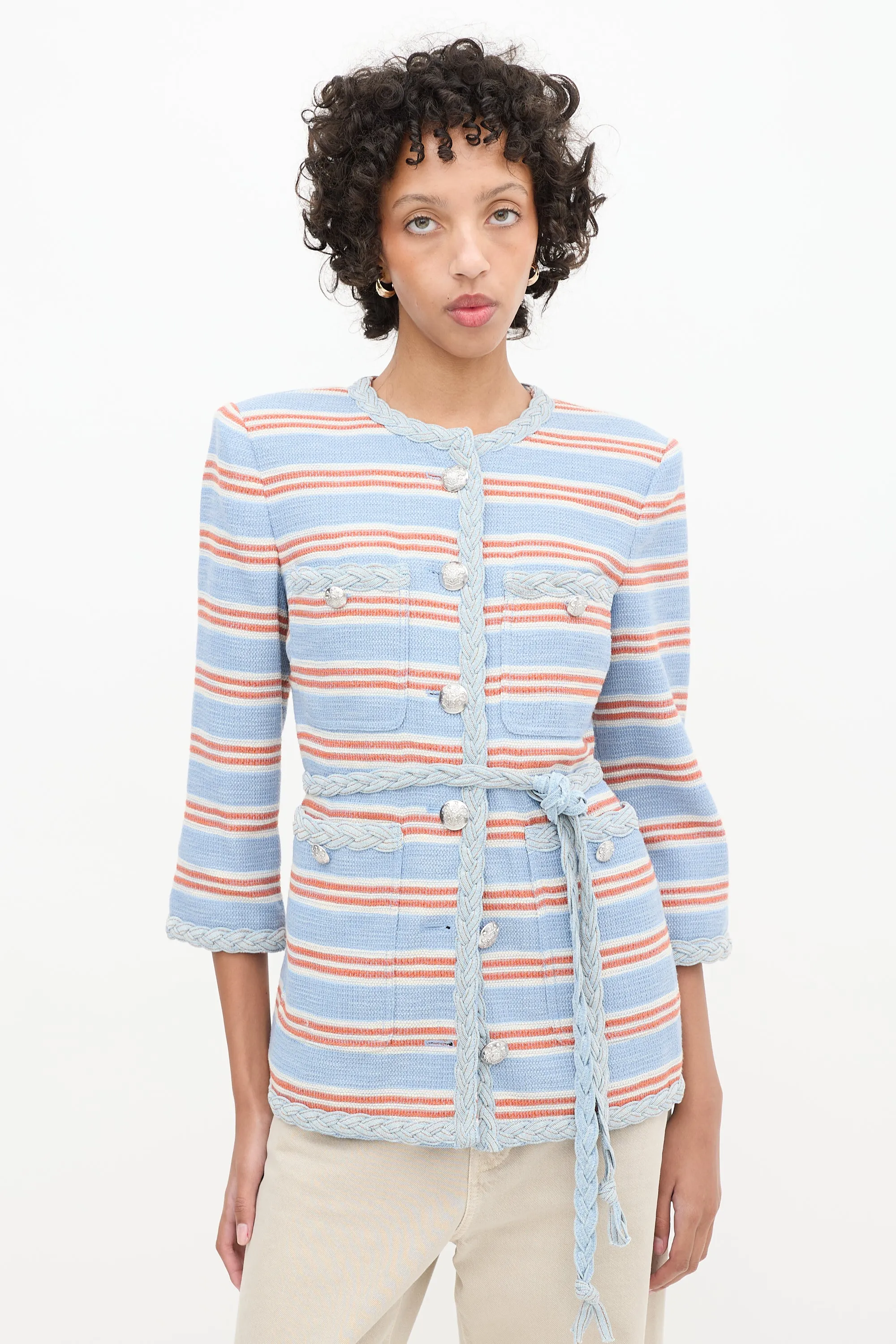 Light Blue & Multi Striped Ginevra Braided Trim Blazer