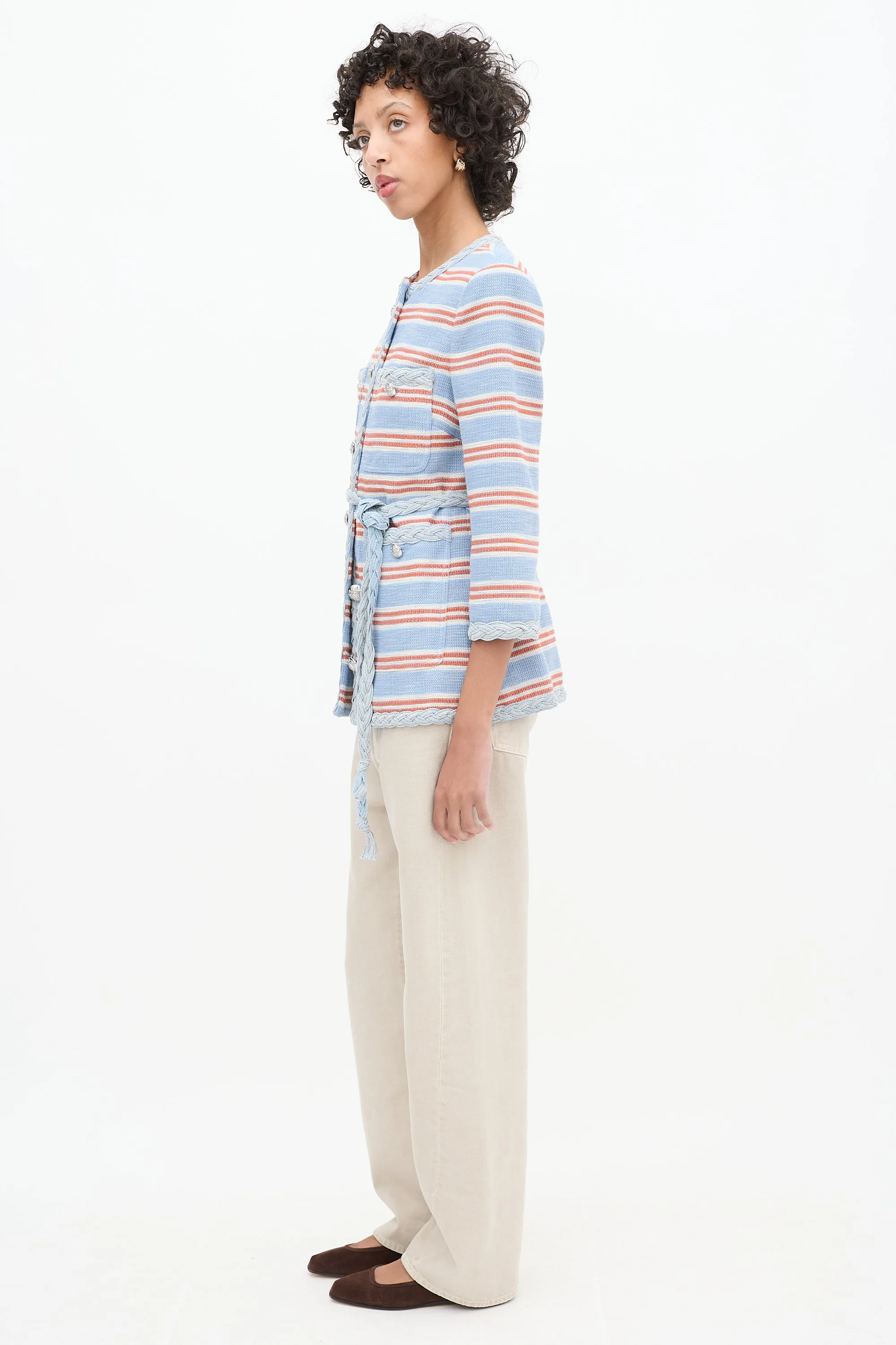 Light Blue & Multi Striped Ginevra Braided Trim Blazer
