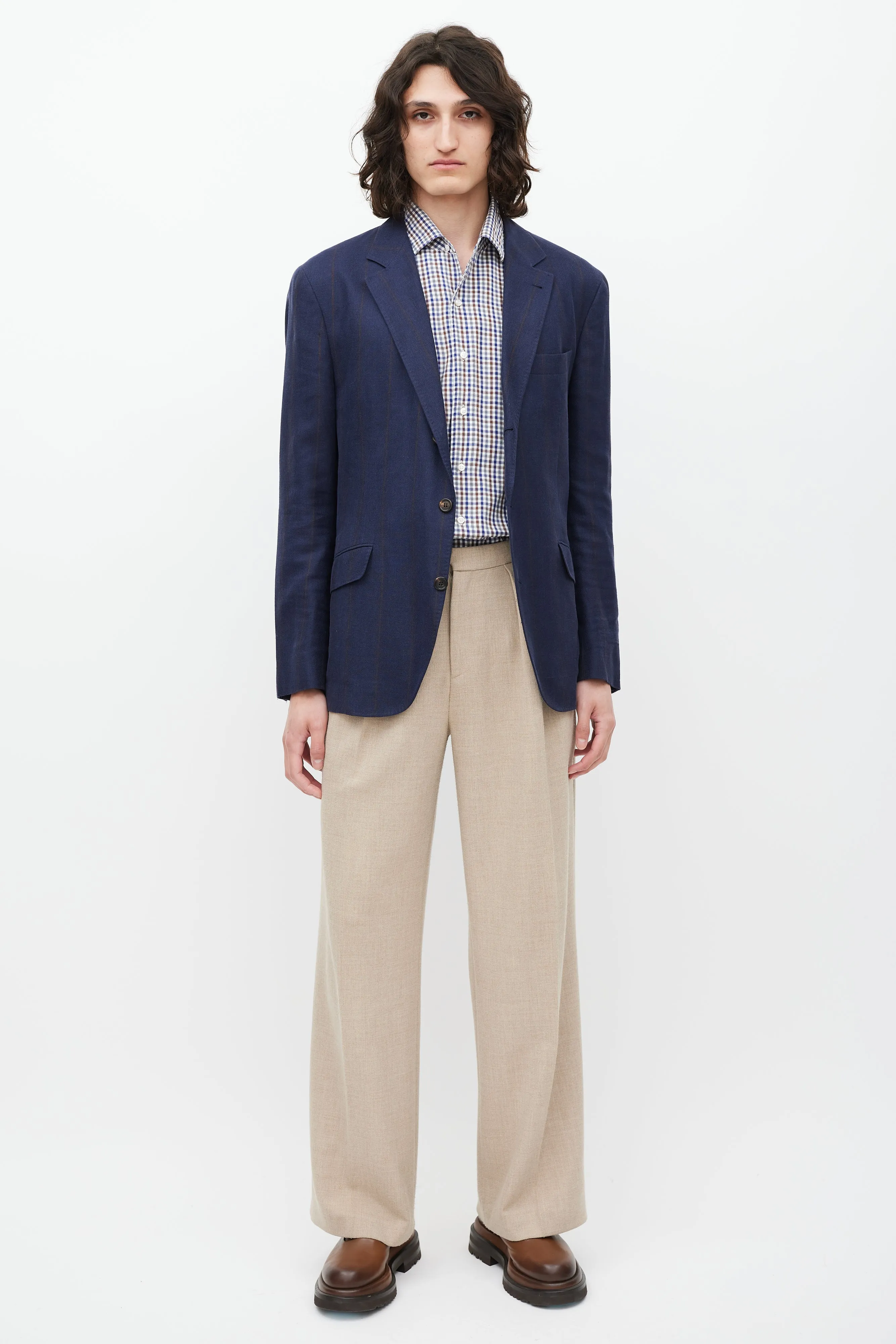 Navy & Brown Striped Linen & Wool Blazer
