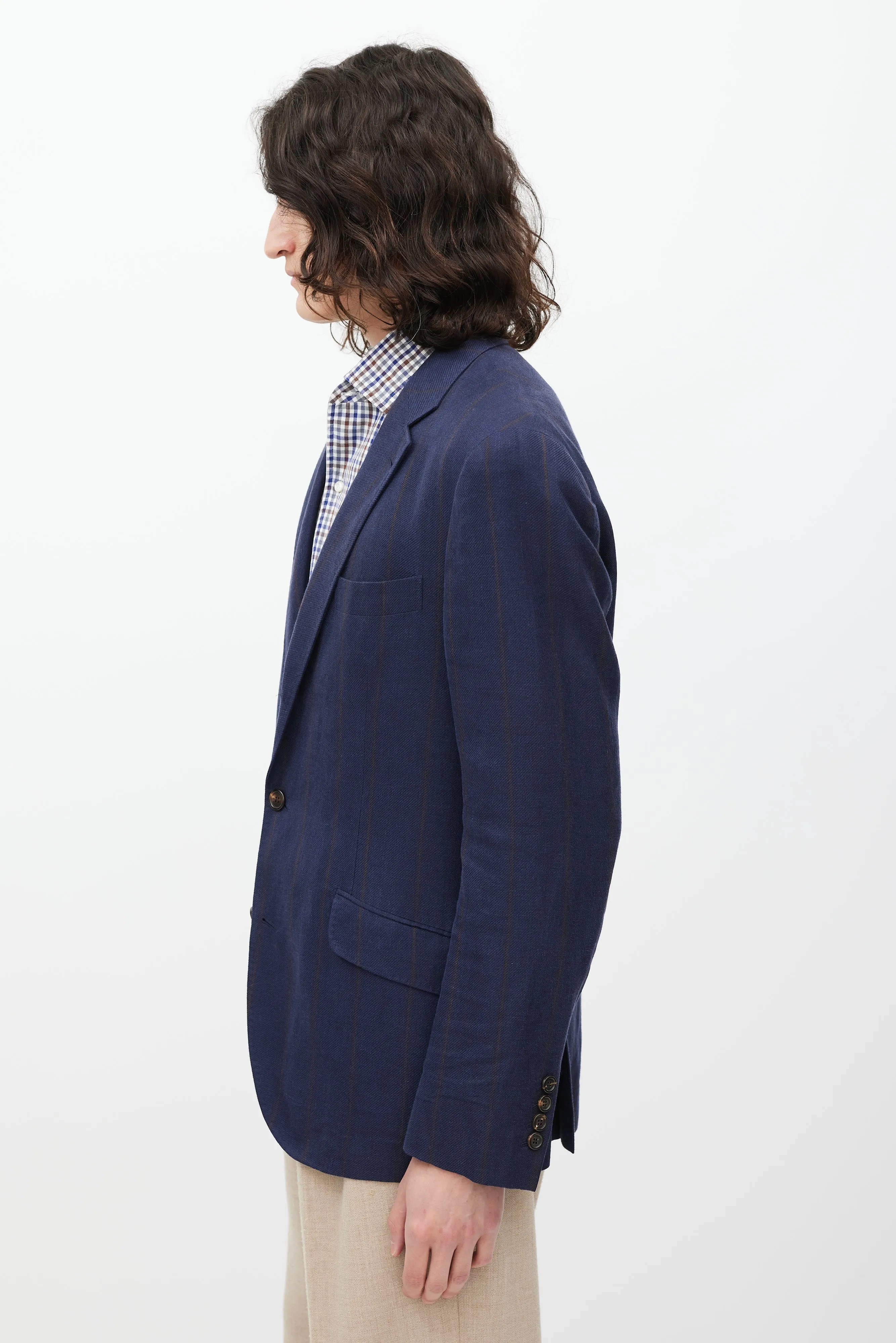 Navy & Brown Striped Linen & Wool Blazer