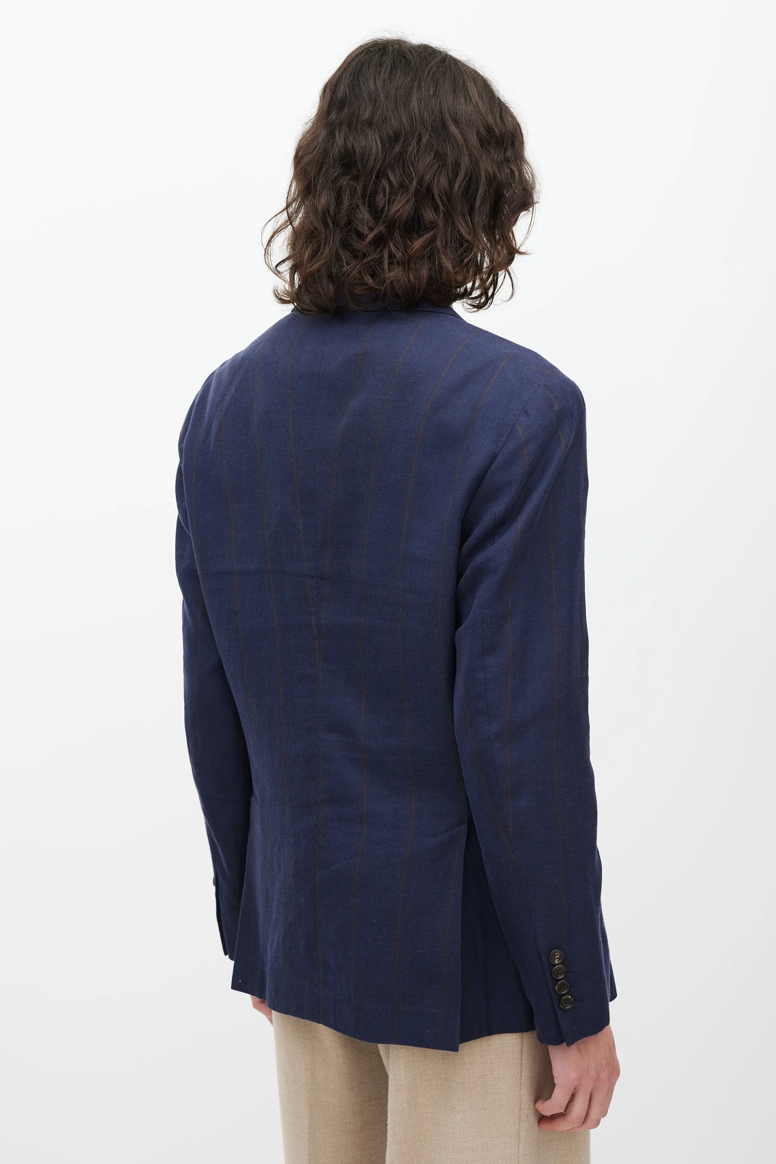 Navy & Brown Striped Linen & Wool Blazer