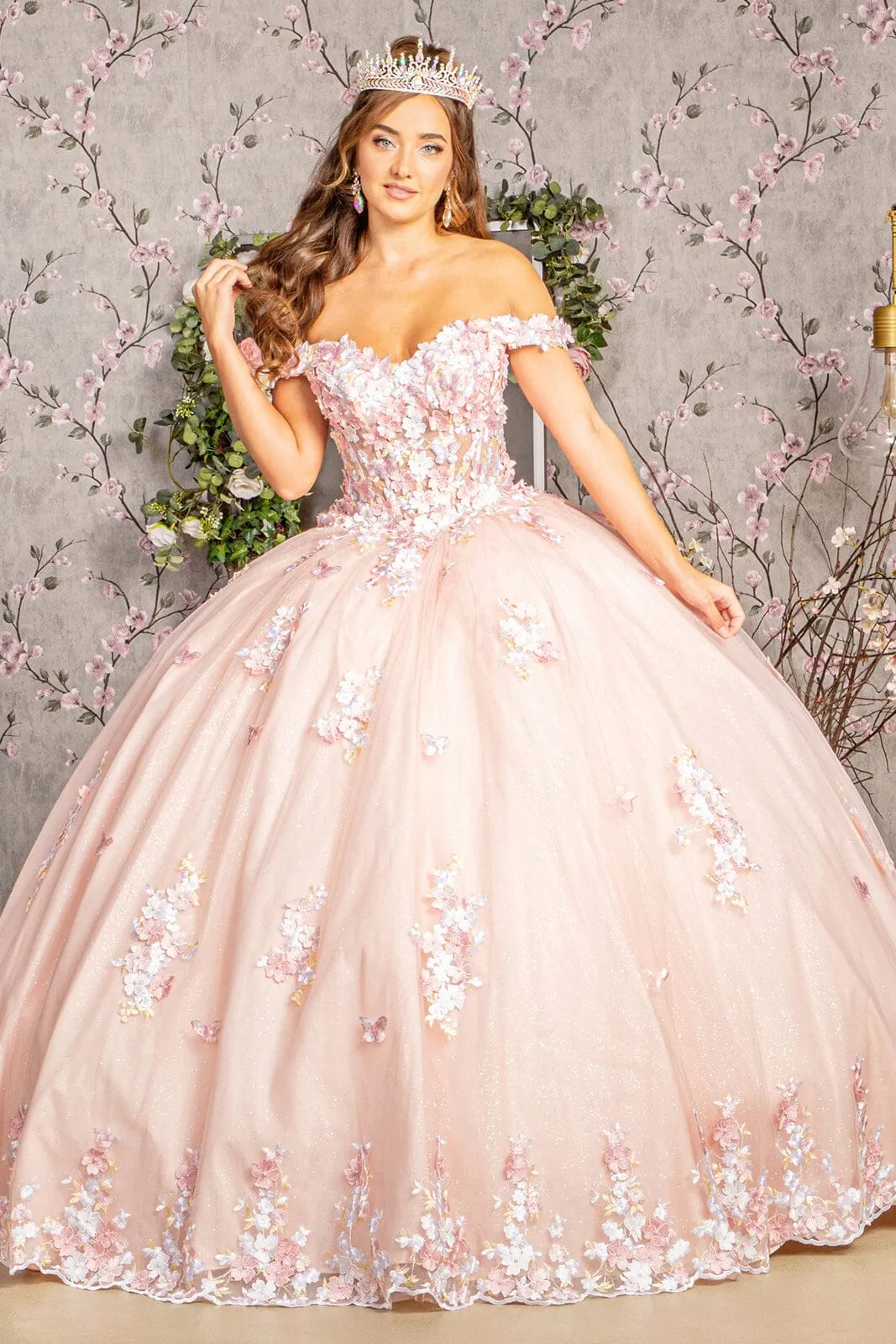 Off Shoulder Sheer Corset Ball Gown by Elizabeth K GL3182